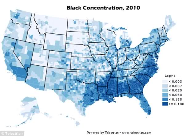 Concentration of American blacks, 2010